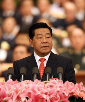 Jia Qinglin, chairman of the National Committee of the Chinese People's Political Consultative Conference (CPPCC), delivers a report on the work of the CPPCC National Committee's Standing Committee at the Great Hall of the People in Beijing, capital of China, March 3, 2009. (Xinhua/Yao Dawei)