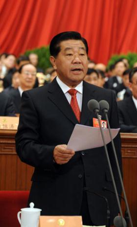 Jia Qinglin, chairman of the National Committee of the Chinese People's Political Consultative Conference (CPPCC), presides over the closing meeting of the Second Session of 11th CPPCC National Committee at the Great Hall of the People in Beijing, capital of China, March 12, 2009. (Xinhua/Li Xueren) 