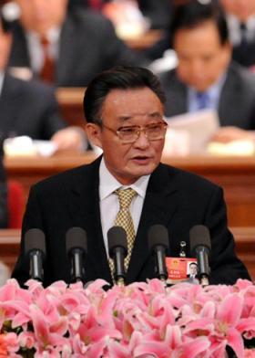 Wu Bangguo, chairman of the Standing Committee of the National People's Congress (NPC), delivers a report on the work of the NPC Standing Committee during the second plenary meeting of the Second Session of the 11th NPC at the Great Hall of the People in Beijing, capital of China, March 9, 2009. (Xinhua Photo)