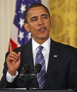 U.S. President Barack Obama speaks about AIG bonus payments as he makes remarks to small business owners, community lenders and members of Congress, Monday, March 16, 2009, in the East Room of the White House in Washington.(AP Photo/Ron Edmonds)