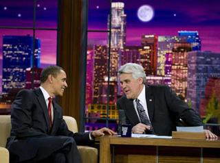 U.S. President Barack Obama joins Jay Leno before appearing on the NBC late night comedy show, "The Tonight Show with Jay Leno," in Burbank, California, March 19, 2009. (Xinhua/Reuters Photo)