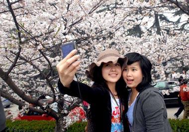 A girl takes pictures with a cellphone of herself and her friend with cherry blossoms in the background on the campus of Wuhan University in Wuhan, capital of central China's Hubei Province, March 20, 2009. (Xinhua/Hu Weiming)