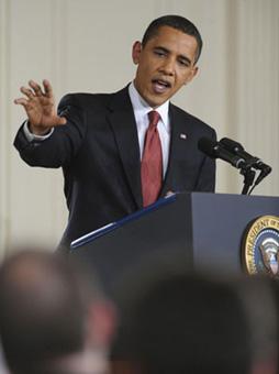 US President Barack Obama speaks during a prime time news conference in the East Room of the White House in Washington, March 24, 2009. [Agencies]
