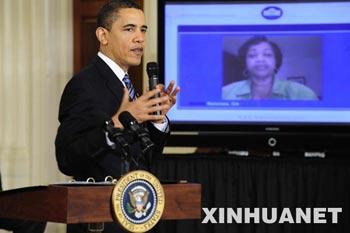 U.S. President Barack Obama attends white house open for questions event at white house in Washinton, on March 16, 2009. (Xinhua/Zhang Yan)