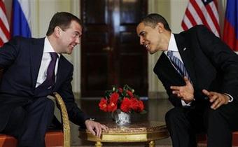 President Barack Obama meets with Russia's President Dmitry Medvedev at Winfield House in London, Wednesday, April 1, 2009.(AP Photo/Charles Dharapak)