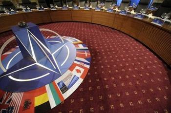 A general view of the NATO summit working dinner in Baden-Baden. NATO leaders were to hold formal strategy talks Saturday as their 60th anniversary meeting went into a second and final day amid disagreement over the future secretary general of the alliance.(AFP/Jean Christophe Verhaegen)