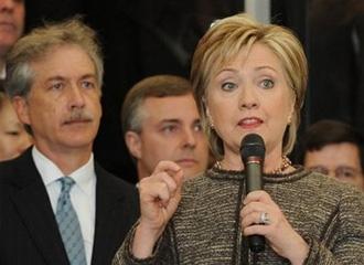 File photo shows US Secretary of State Hillary Clinton giving a speech next to William J. Burns (L) at the State Department in Washington.(AFP/File/Mark Ralston)