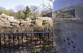 An empty box of a life belt is seen next to the polar bear enclosure at Berlin Zoo in Berlin, Friday, April 10, 2009. Police say a woman jumped into the polar bear enclosure and was bitten several times on her arms and legs by one of the four older polar bears in the enclosure. The woman was not bitten by the famous Knut, who took Germany by storm as a cub after he was hand-raised by a keeper.(AP Photo/Gero Breloer)
