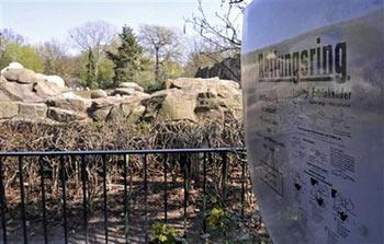 An empty box of a life belt is seen next to the polar bear enclosure at Berlin Zoo in Berlin, Friday, April 10, 2009. Police say a woman jumped into the polar bear enclosure and was bitten several times on her arms and legs by one of the four older polar bears in the enclosure. The woman was not bitten by the famous Knut, who took Germany by storm as a cub after he was hand-raised by a keeper.(AP Photo/Gero Breloer) 