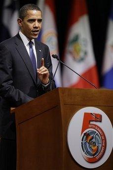 President Barack Obama delivers a speech during the 5th Summit of the Americas in Port of Spain, Trinidad and Tobago, Friday April 17, 2009.(AP Photo/Andres Leighton) 