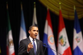 U.S. President Barack Obama addresses the opening ceremony of the Fifth Summit of Americas in Port of Spain, Trinidad and Tobago, April 17, 2009.(Xinhua/David de la Paz)