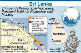Graphic showing the area controlled by Tamil Tiger rebels in northern Sri Lanka. The Sri Lankan army on Tuesday seized more territory from the Tamil Tigers as the rebels ignored a government deadline to surrender, the defence ministry said.(AFP)