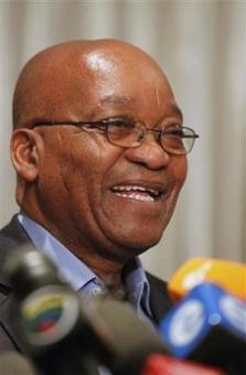 African National Congress (ANC) President Jacob Zuma reacts during a news conference on the eve of a parliamentary vote, in Johannesburg, South Africa, Tuesday, April 21, 2009.(AP Photo/Denis Farrell)