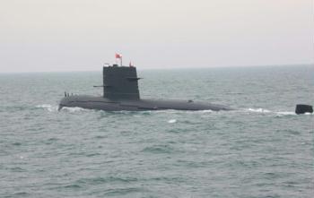 A conventionally-powered submarine of the Chinese People's Liberation Army (PLA) Navy is seen during a naval parade of the PLA Navy warships and aircraft in waters off Qingdao, east China's Shandong Province, on April 23, 2009. (Xinhua/Li Gang)