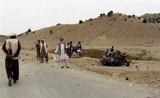 Afghan security personnel at the site of an explosion on the outskirts of Khost in March.  (AFP/File)