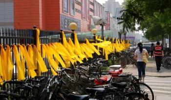 Voluteers fasten yellow ribbons on handrails outside Tianjin University in north China's Tianjin, May 12, 2009. Volunteers tied thousands of yellow ribbons on buses, buildings and trees as a way to commemorate the victims of the May 12, 2008 Wenchuan earthquake.(Xinhua Photo)