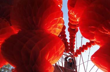 A worker prepares red lantern decorations at a park in Beijing January 12, 2009. Red decorations are customarily used by Chinese people all over the world to usher in the Lunar New Year on January 26, 2009, which is the Year of the Ox. [Agencies] 