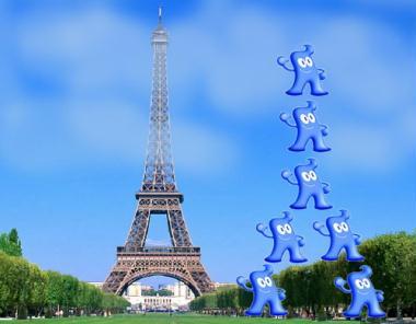 Haibaos form their own Eiffel Tower shape in Paris, France.