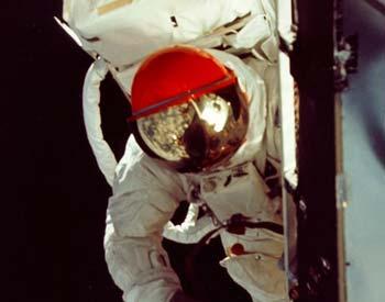 The first operational EMU test. Apollo 9 astronaut Rusty Schweickart on the porch of LM-3 