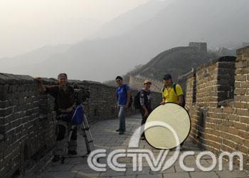 Wrapping up at Mutianyu. (Left to Right) - Ang Laoshi (cameraman), Me (sweaty guy), Houli (director) and Da Ming (assistant cameraman)