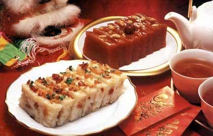 Southerners like to eat nian gao, or "New Year Cake" - a sweet sticky brown cake made of rice flour and sugar. In Chinese, gao is a homonym for "high", and nian is "year". Nian gao is a homonym for "higher each year" and symbolizes improvement in life year by year. Their sweetness symbolizes a rich sweet life. Finally, the round shape signifies family reunion.