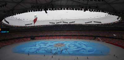 Photo taken on Aug. 24, 2008 shows an interior view of the National Stadium, or the Bird's Nest, in Beijing, capital of China. Beijing 2008 Olympic Games closing ceremony will begin at the stadium at 8 p.m. sharp on Sunday. (Xinhua/Guo Dayue)