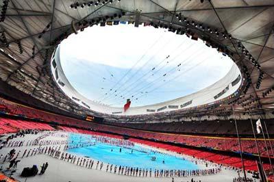 Artists perform ahead of the Beijing 2008 Olympic Games closing ceremony in the National Stadium, or the Bird's Nest, in Beijing, capital of China, Aug. 24, 2008. The closing ceremony of the Beijing Olympics will begin at 8 p.m. sharp here on Sunday. (Xinhua/Yang Lei) 