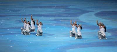 Artists perform ahead of the Beijing 2008 Olympic Games closing ceremony in the National Stadium, or the Bird's Nest, in Beijing, capital of China, Aug. 24, 2008. The closing ceremony of the Beijing Olympics will begin at 8 p.m. sharp here on Sunday. (Xinhua/Yang Lei)