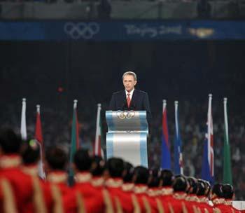 International Olympic Committee (IOC) President Jacques Rogge delivers a speech at the Beijing 2008 Olympic Games closing ceremony in the National Stadium, or the Bird's Nest, in Beijing, China, on Aug. 24, 2008. (Xinhua Photo)