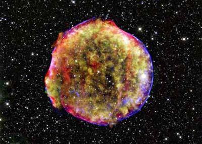 The Tycho supernova remnant is shown in this composite image which combines infrared and X-ray views obtained with NASA's Spitzer and Chandra space observatories and the Calar Alto observatory in Spain in this handout from NASA released to Reuters December 3, 2008. The remnant was analysed more than four centuries after the star exploded. The explosion, witnessed by Tycho Brahe and other astronomers of that era, makes it the oldest ever seen in the Milky Way.(Xinhua/Reuters Photo)