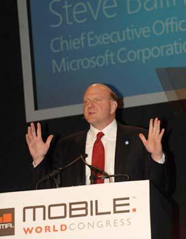 Steve Ballmer, CEO of Microsoft, delivers a speech themed Moving Towards An Open Mobile Ecosystem during the 2nd day of Mobile World Congress held in Barcelona Feb. 17, 2009. (Xinhua photo)