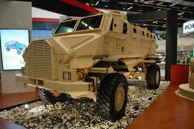 Photo taken on Feb. 24, 2009 shows an armored vehicle produced by Pakistan in the International Defense Exhibition (IDEX) 2009, in Abu Dhabi, capital of the United Arab Emirates(UAE). IDEX 2009, the biggest arms fair in the Middle East, opened here on Feb. 22 with a total of 897 exhibitors from 50 countries and regions showcasing their latest products for deep-pocketed Gulf countries. (Xinhua photo)