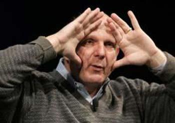 Microsoft CEO Steve Ballmer gestures during a talk to students at Stanford University, as part of the Entrepreneurial Thought Leaders program, in Palo Alto, California May 6, 2009.