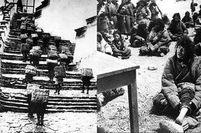 Left: Serfs carry goods to the Potala Palace. Right: A herdsman's left foot was chopped by the head of his tribe. File photo